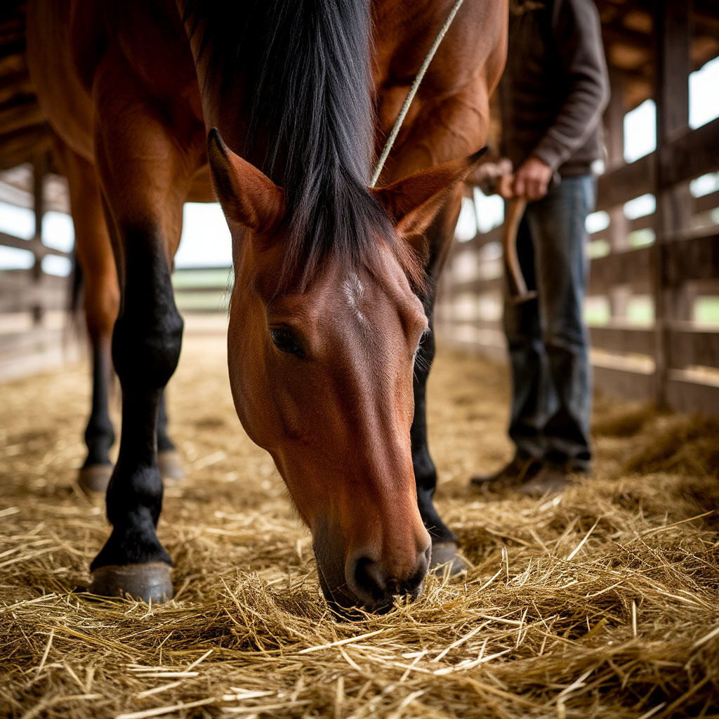 Calm horse during gentle hoof cleaning in stall