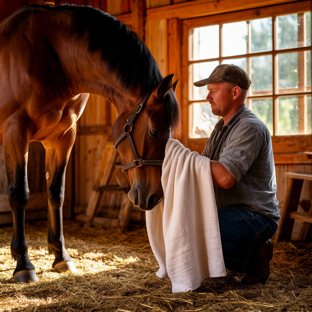 Drying hooves after careful hoof cleaning in barn