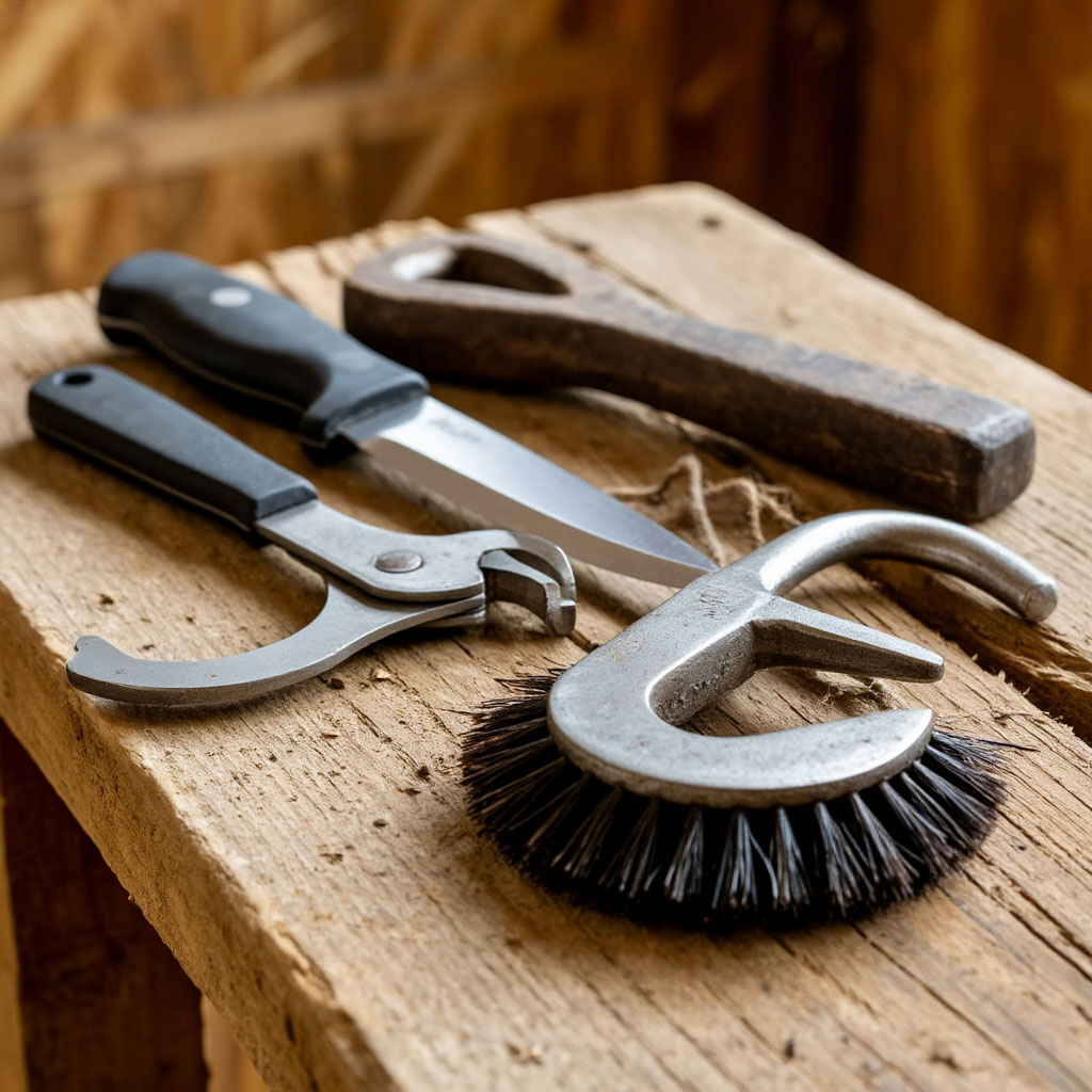 Essential Hoof Care Tools in a Horse Barn Kit