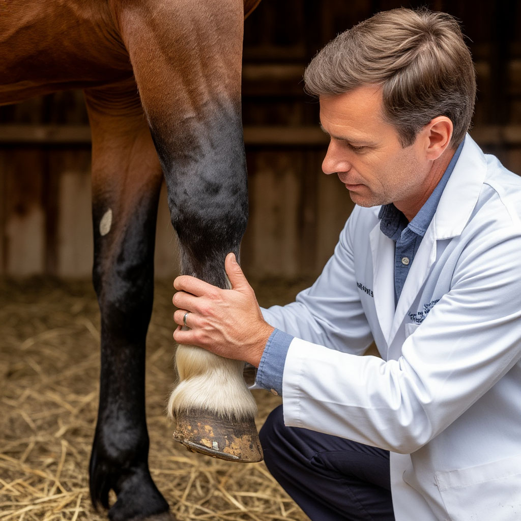 Vet checking horse hoof for thrush symptoms